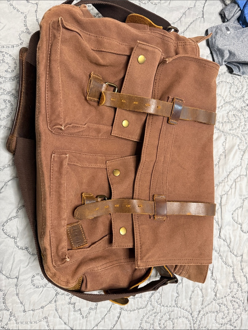 Mens Brown Canvas Messenger Bag with Leather Trim